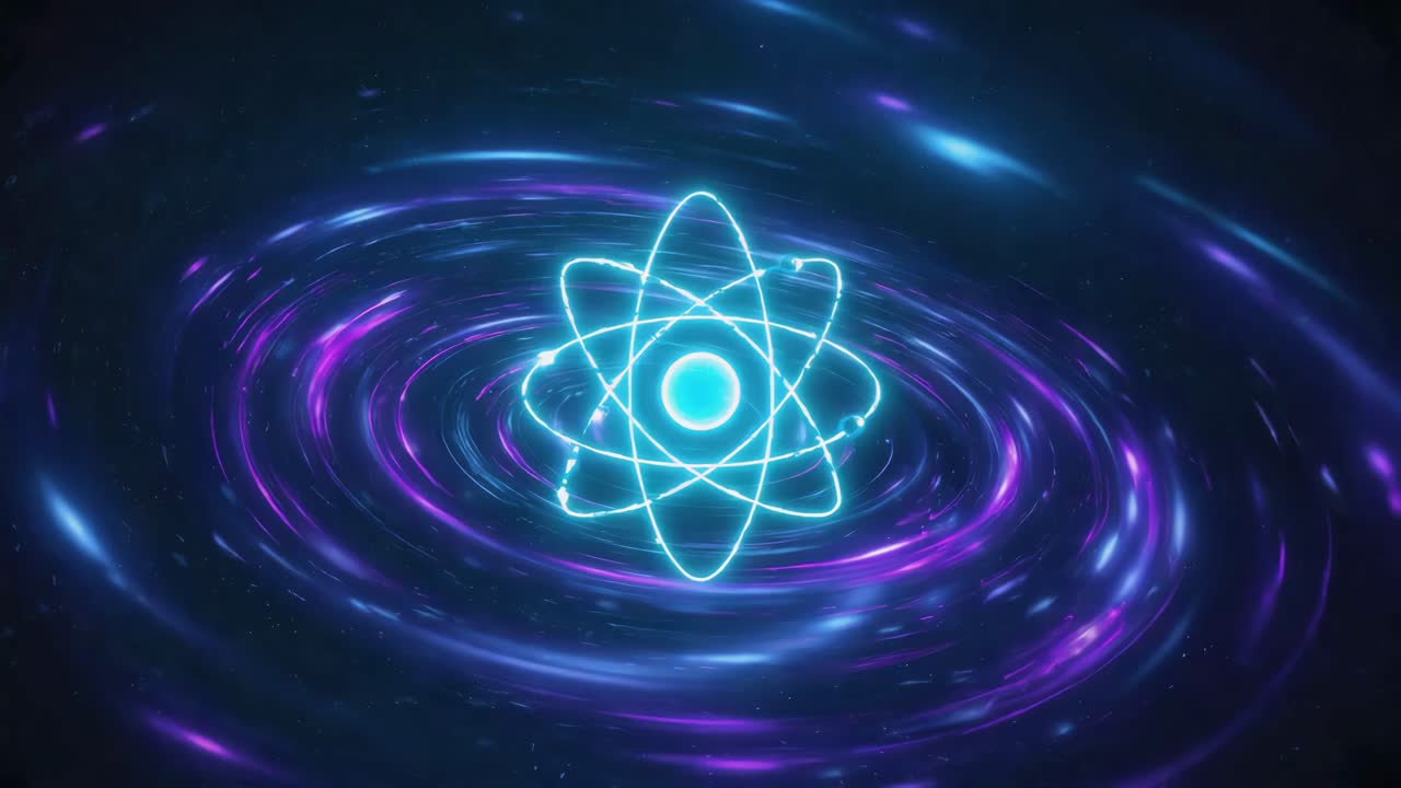 Glowing Atom Symbol in Swirling Cosmic Vortex