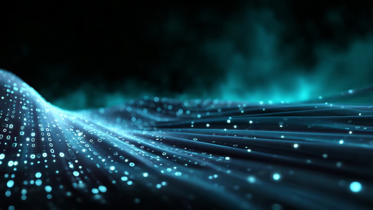 Mesmerizing Digital Wave Animation: Flow of Binary Code and Glowing Particles in a Hypnotic Pattern with a Dark Background, Creating a Futuristic Landscape Inspired by Technology and Data Visualization