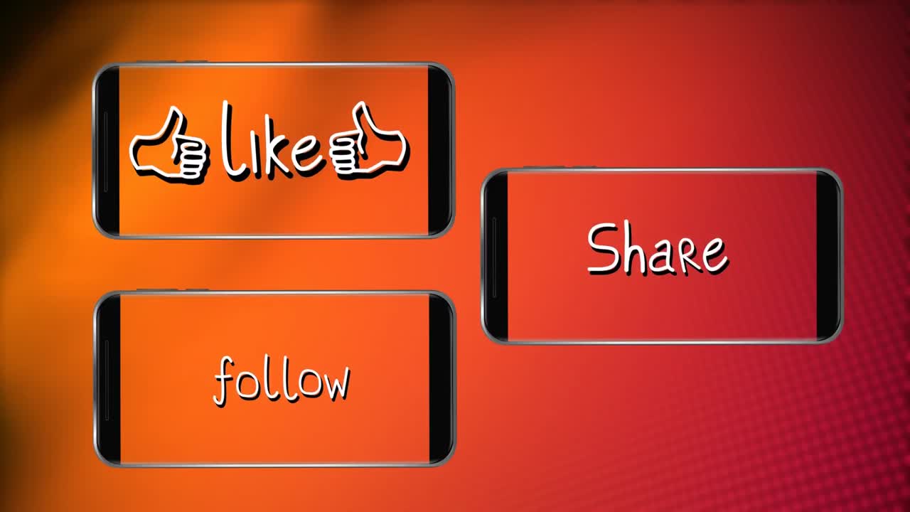 Animation of words Follow Like and Share flickering on screens of smartphones on orange background