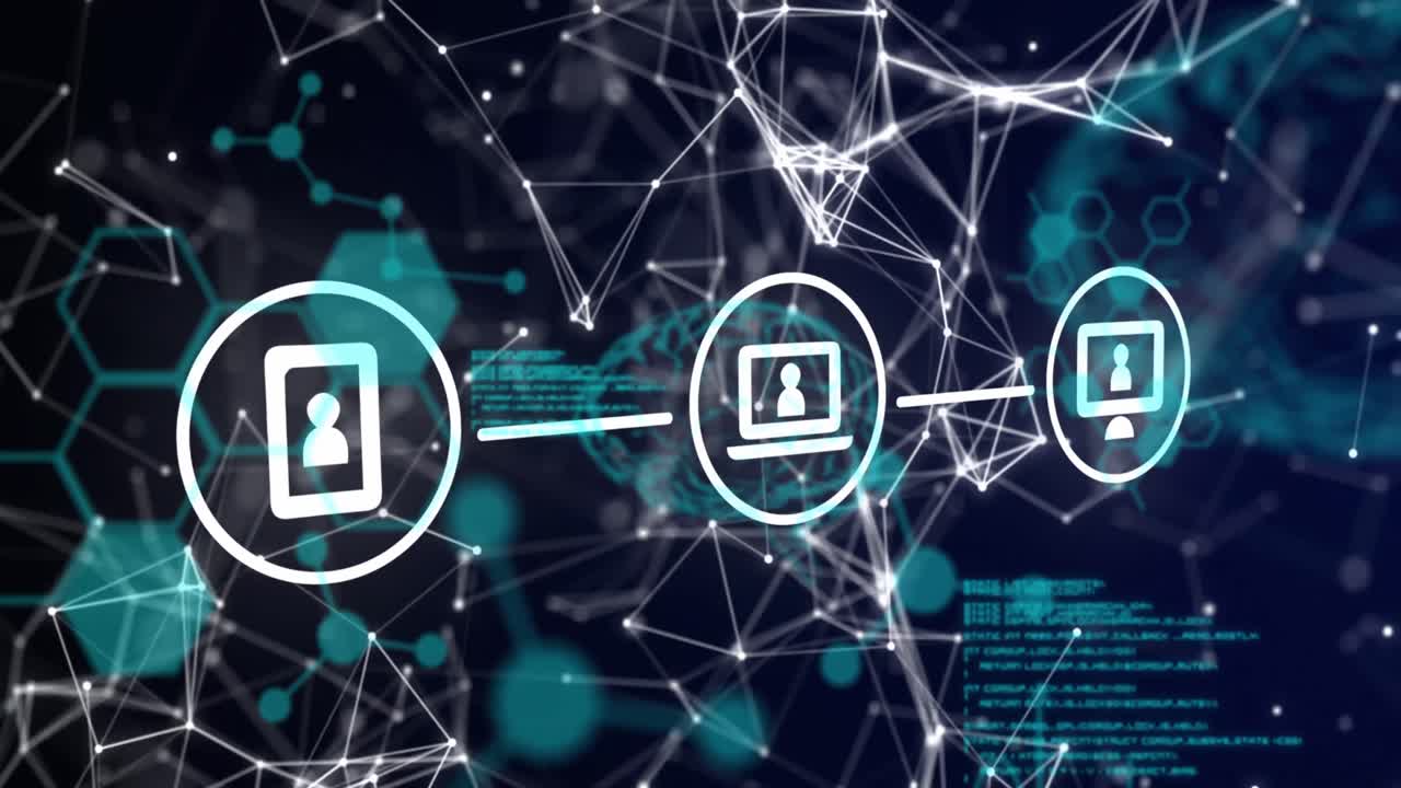 Animation of connected digital communication media icons with network and data processing, on black