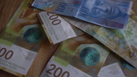 un primer plano de dinero suizo, doscientos francos suizos, billetes en detalle.