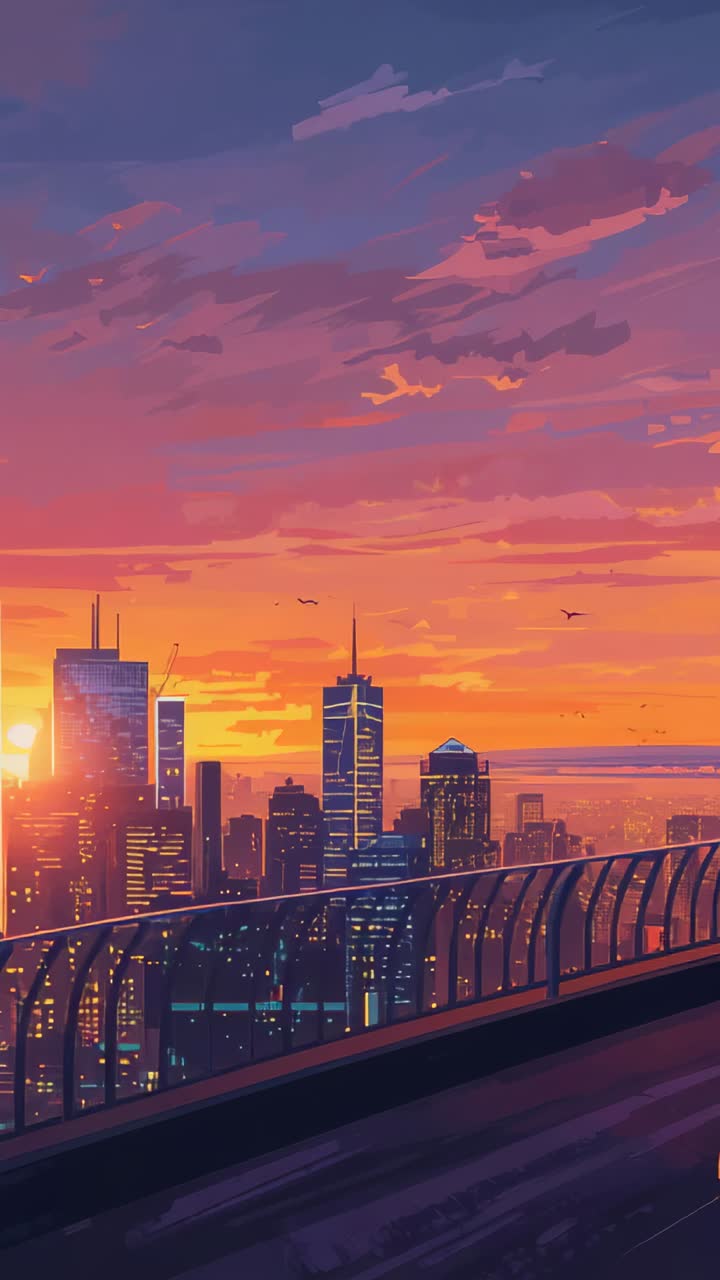Vídeo vertical: Sol se pondo sobre o horizonte da cidade, projetando luz em um corrimão curvo e pássaros voando