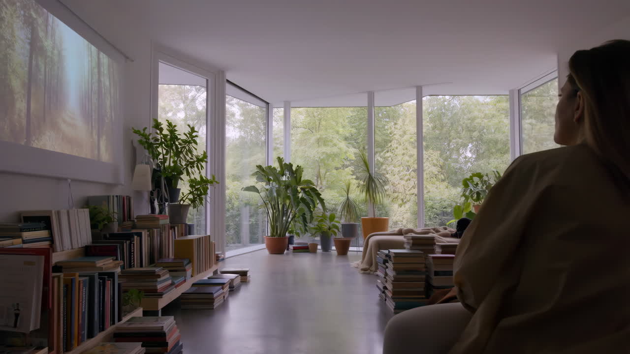 Person Relaxing in a Modern Living Room with Nature Views and Books