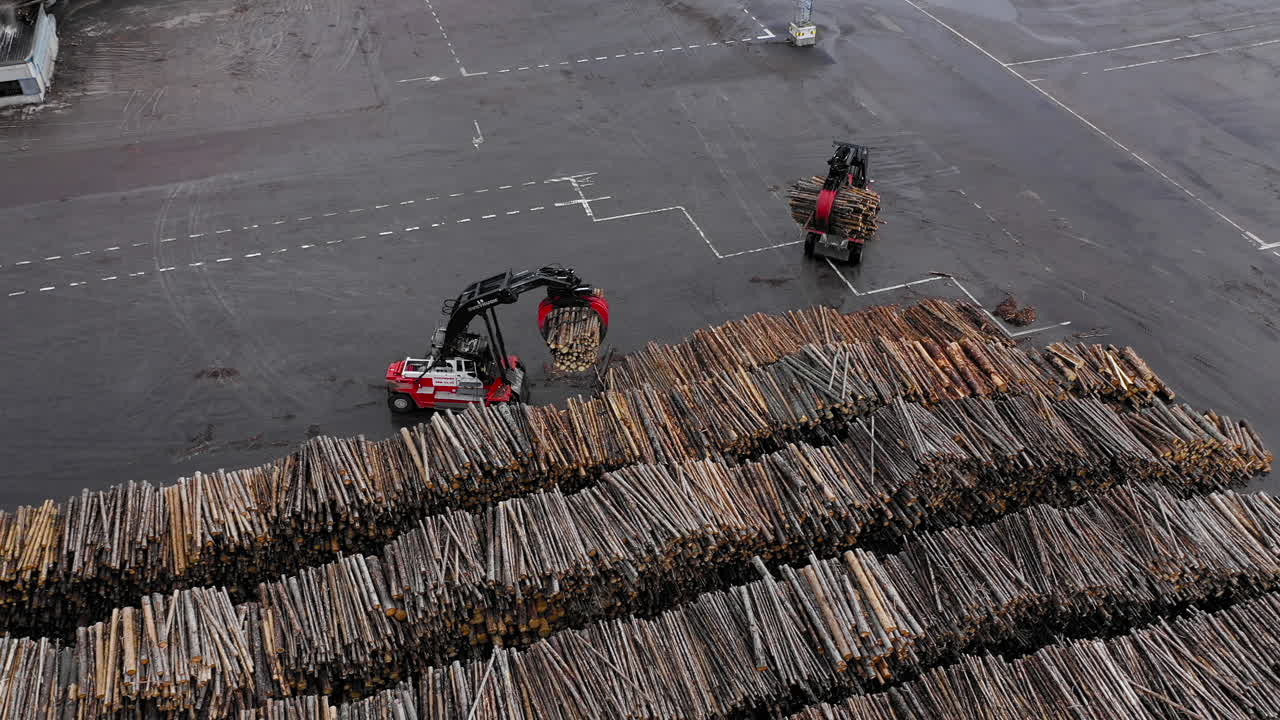 dos carretillas elevadoras tractores que llevan madera pila de pilotes madera temporizador bosques madera asfalto carga transporte fabricación quema troncos industria industrial biocombustible moderno clima ruso instalación