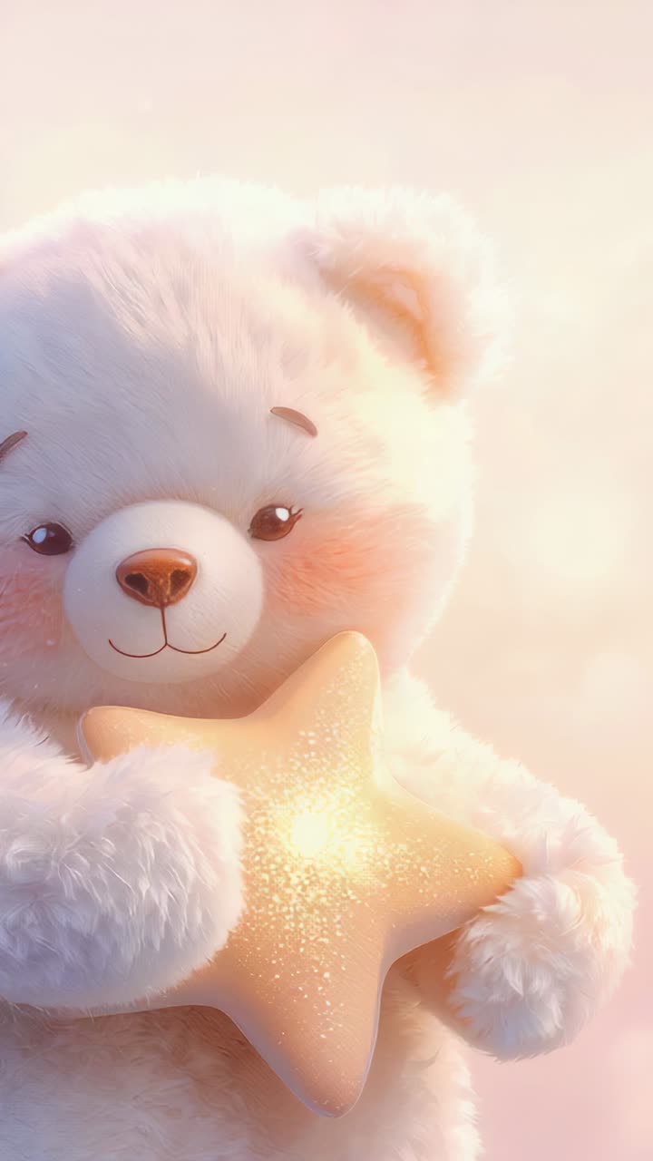Vertical video: Reacting to glowing star teddy bear raising arm to present star at pastel set