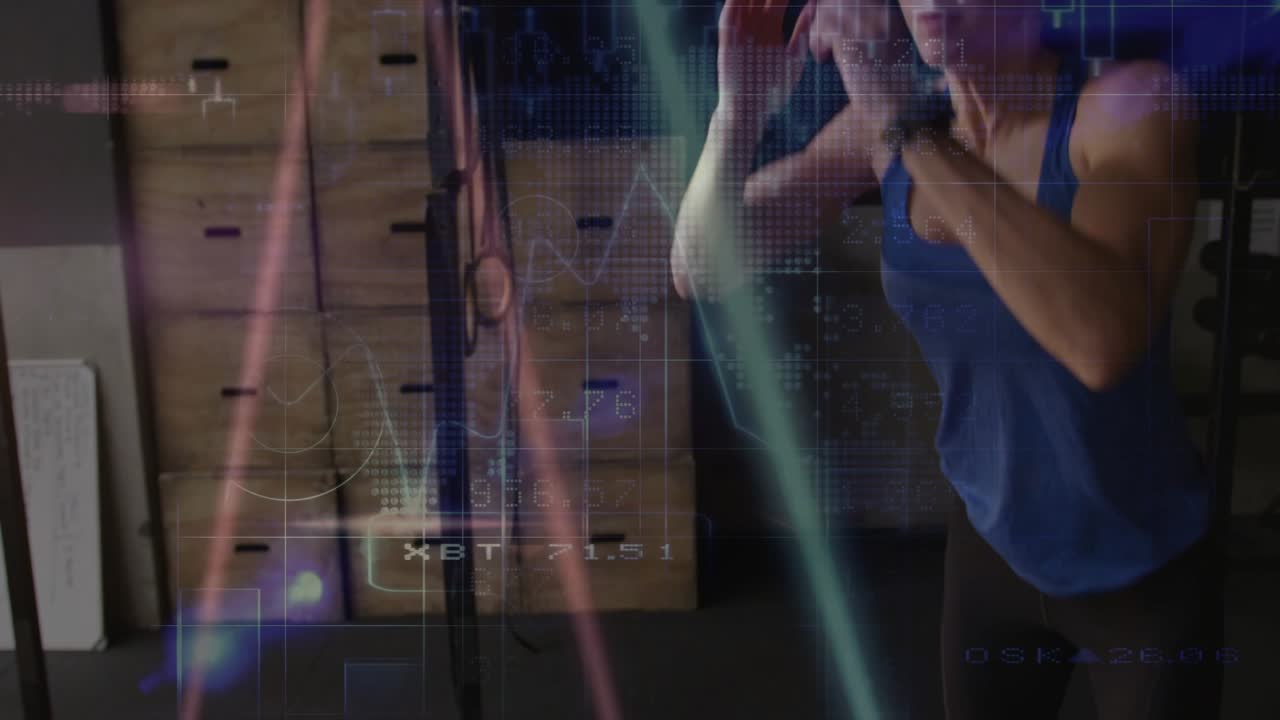Woman planting foot on plyo box and training lower body, animated fitness charts tracking movement