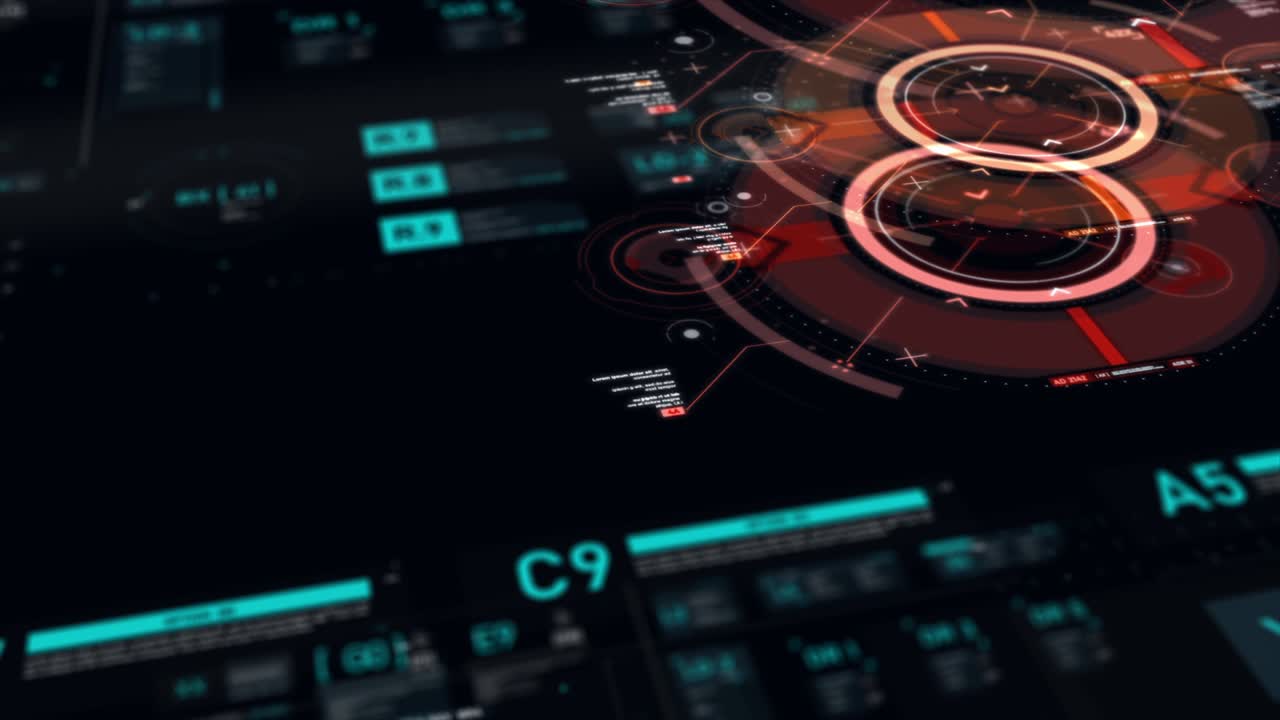 puntatore target e interfaccia utente futuristica hud gui elemento di numero di testo digitale per la tecnologia informatica concetto con bassa profondità di campo scuro e elaborato a grana