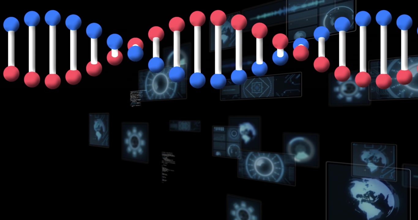 Animation of dna strand and data processing on black background