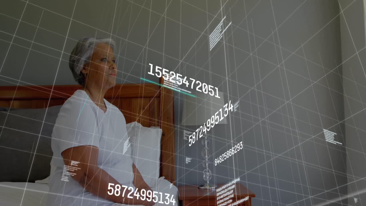 animación de números y líneas sobre mujer mayor biracial en el hospital