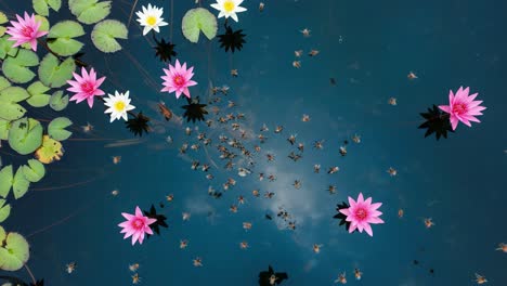 a serene water scene: pink and white lotus flowers floating gracefully above a still pond filled with busy insects and gentle reflections of the sky