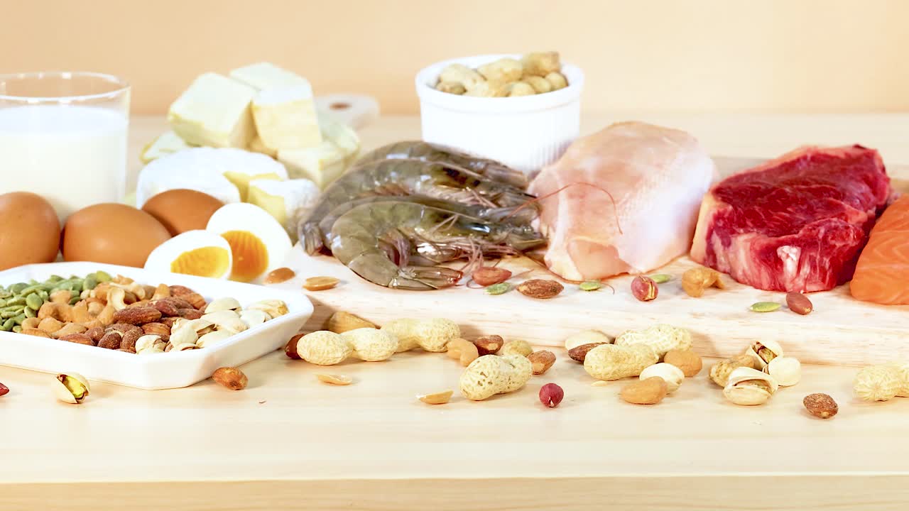 A variety of protein-rich foods including meats, seafood, nuts, and dairy are neatly arranged on a table under bright lighting