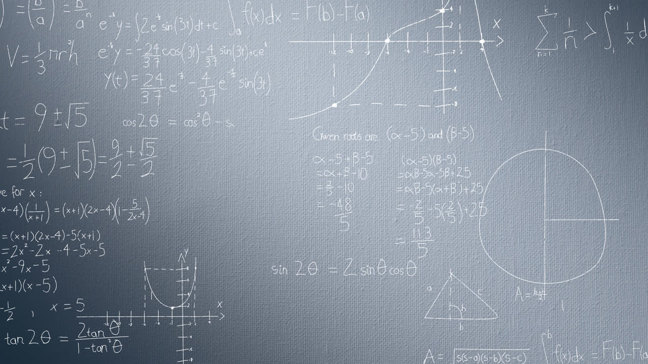 Animazione di formule matematiche ed elaborazione dati su sfondo grigio