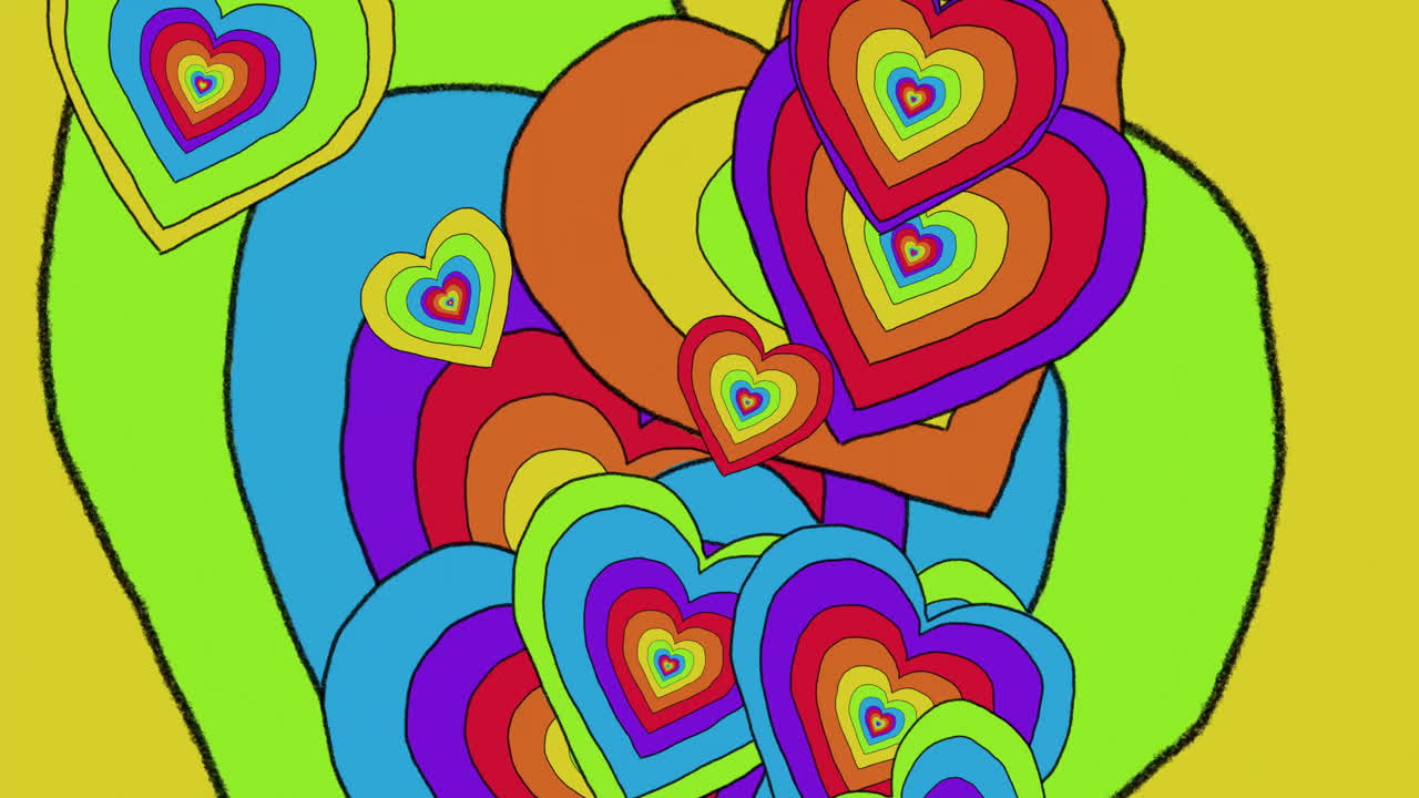 Creating vibrant animation, colorful overlapping hearts form abstract pattern