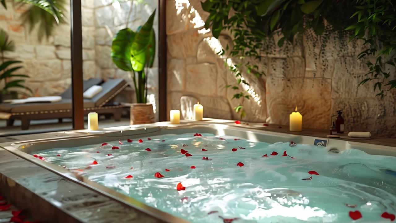 Indoor hot tub with candles and rose petals