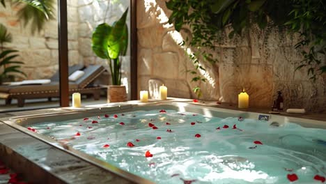 indoor hot tub with candles and rose petals