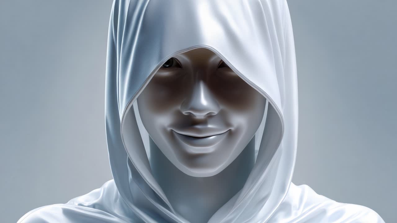 En mystisk figur insvept i en flödande vit huva, som utstrålar en gåtfull aura, fångad i två kontrasterande uttryck som fascinerar och fängslar betraktaren.