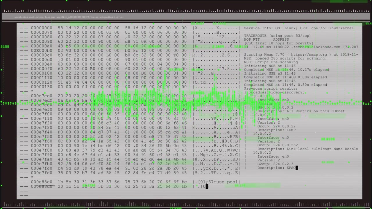 Waveform pulsing revealing terminal hex dump scrolling cursor moving parsing services for analysis