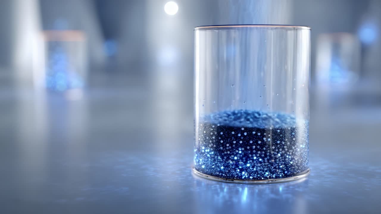 Transformation of a Glass Container Filled with Shimmering Blue Particles to a Darker, Dense Sediment Over a Blurred Background in Two Frames of a Video