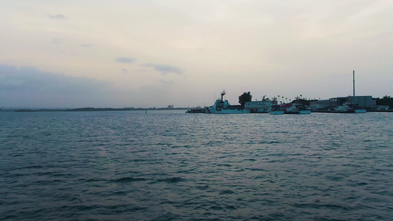 Bahia de San establisher shot of port in Puerto Rico, seen from moving boat