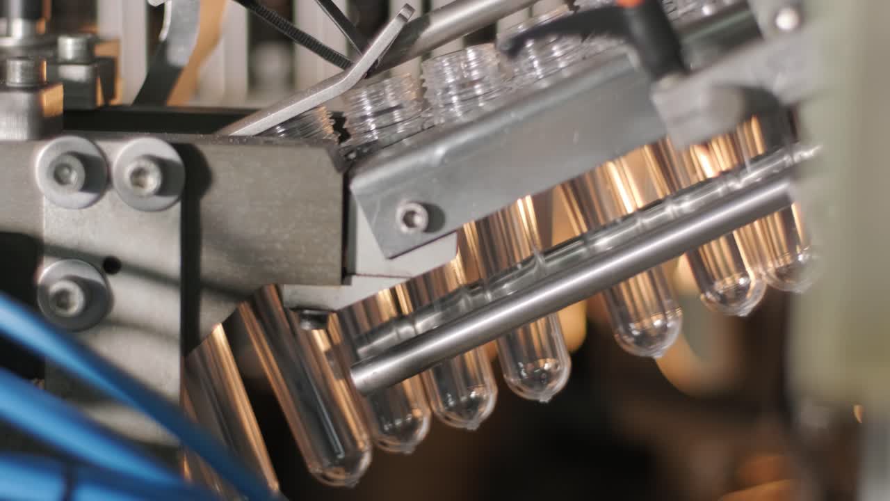 Automatic filling machine pours water into plastic PET bottles at modern beverage plant