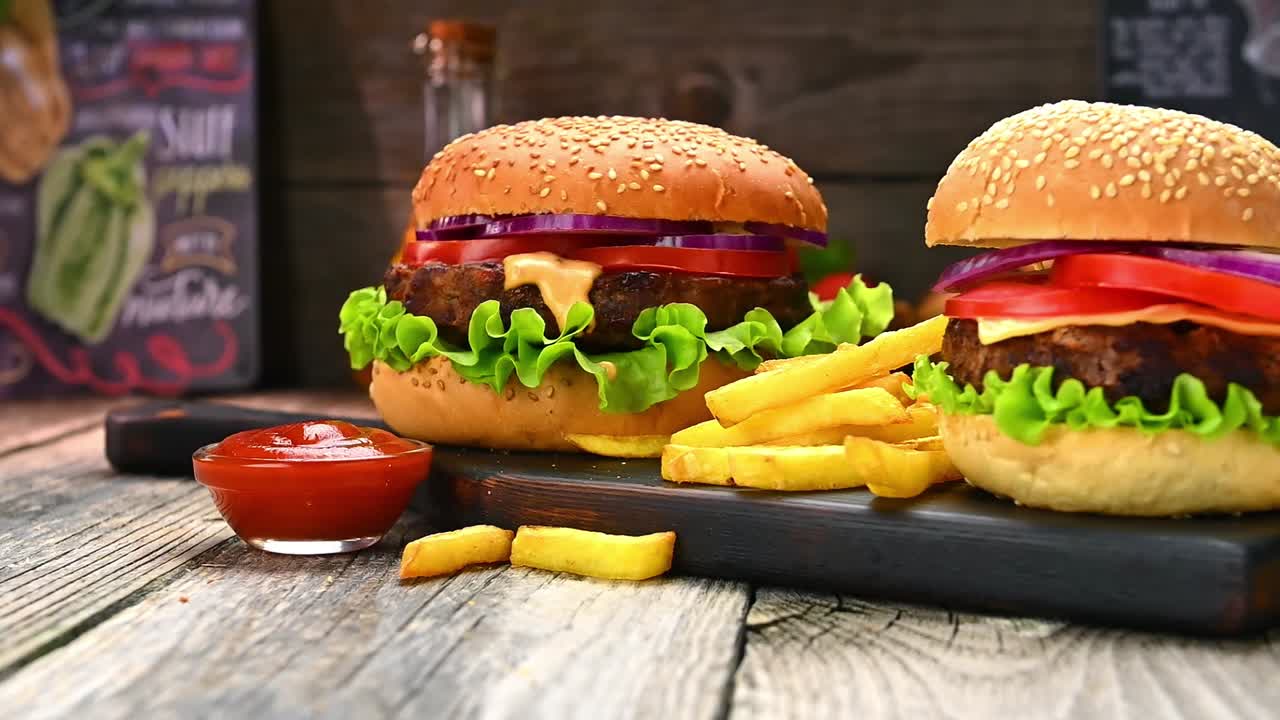 Burger and fries served on a wooden table near a chalkboard menu. Two burgers with lettuce, tomato, and onion next to fries and ketchup on a wooden table