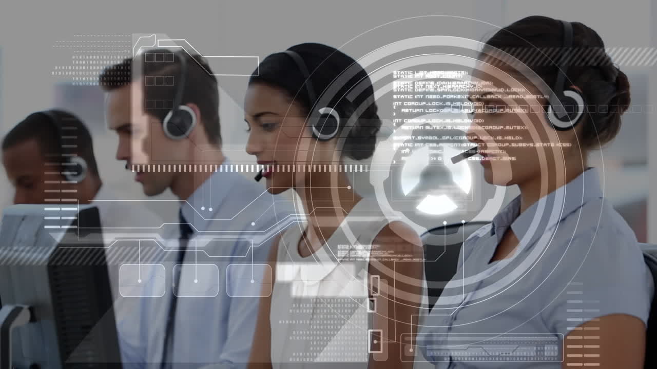 animación de la interfaz digital sobre personas de negocios que usan auriculares telefónicos