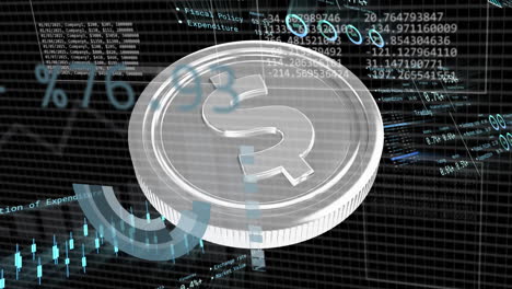 animación del procesamiento de datos financieros sobre la moneda de plata del dólar estadounidense