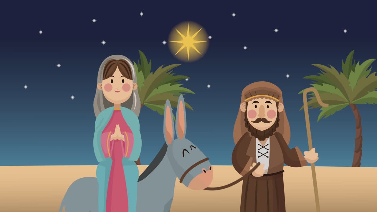 animación de navidad con la virgen maría y san josé en el burro
