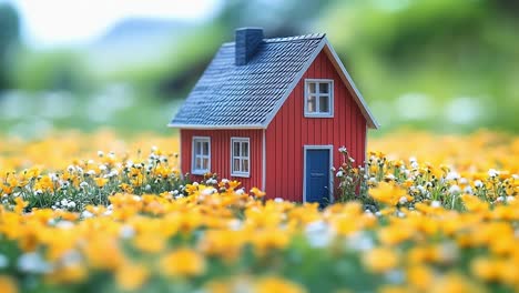 red house with bright flowers. a small red house stands in a colorful field of flowers under a blue sky, creating a lovely scene.