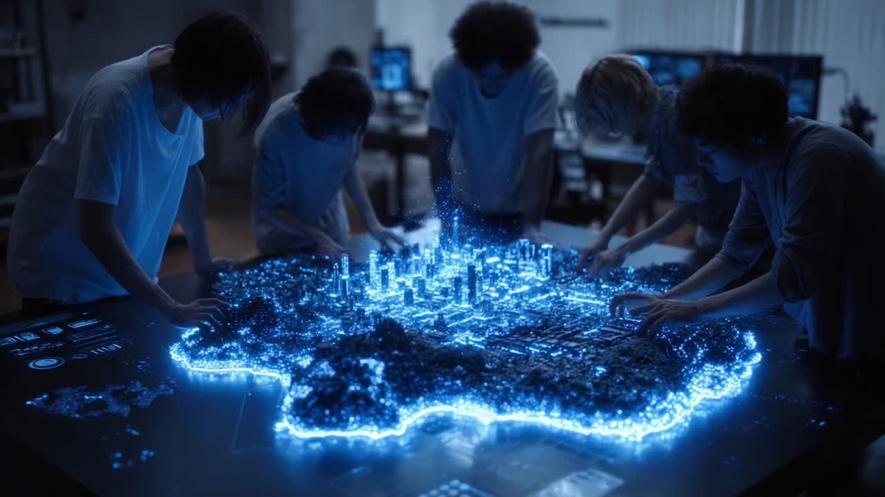 A Group of Individuals Engaged in an Interactive Holographic Model of a Futuristic City, Illuminated with Vibrant Blue Lights, Showcasing Advanced Technology and Collaboration