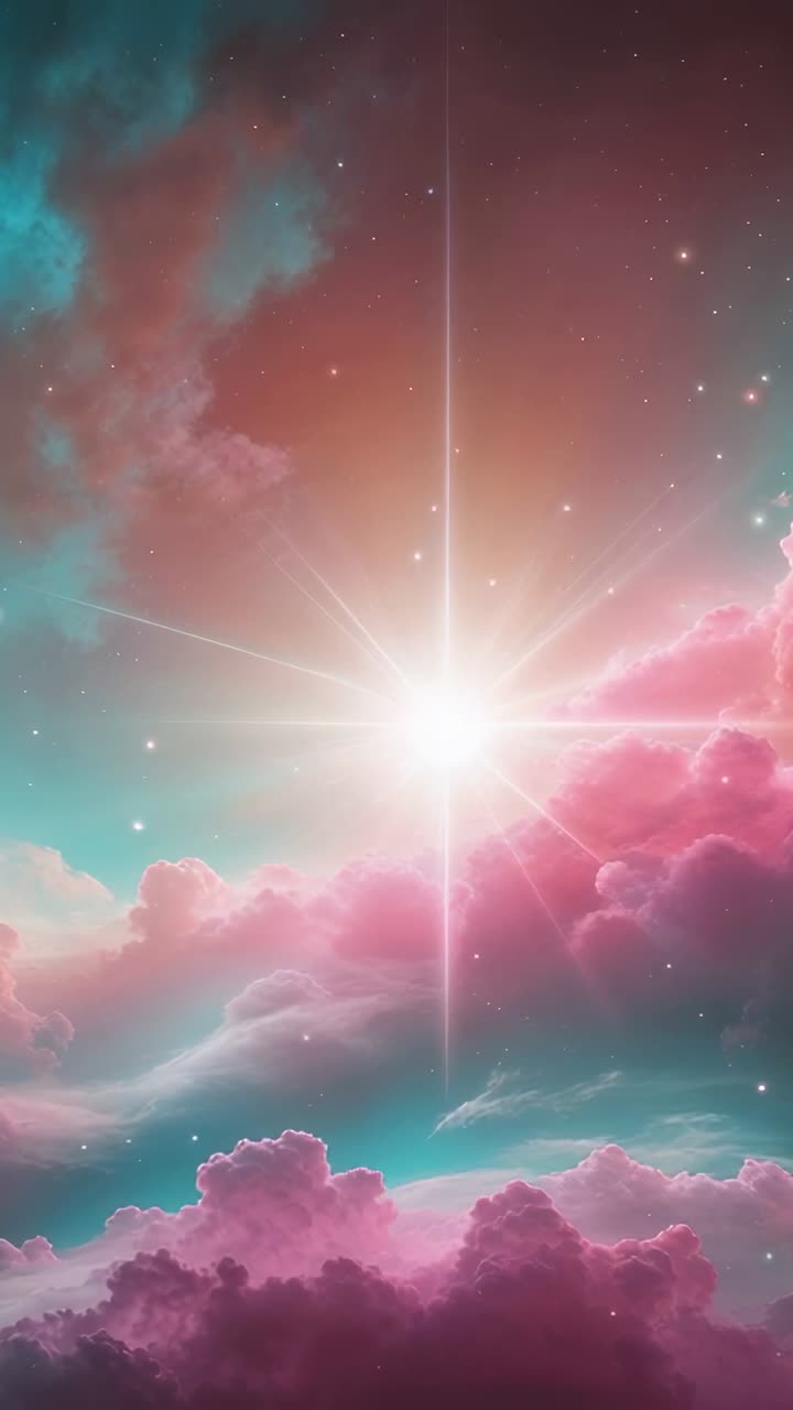 Vertical video: Radiating star sending bright rays across cosmic sky with pastel clouds and stars