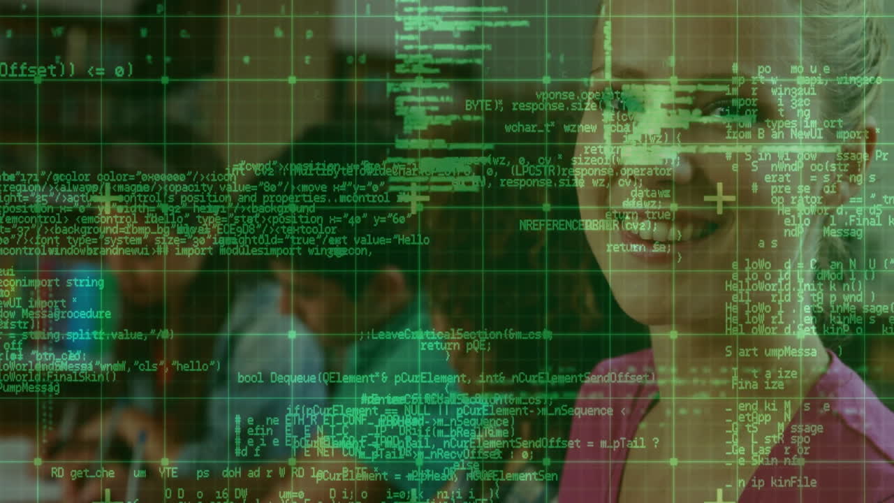 Focused individuals working on computers with green coding overlay in school setting