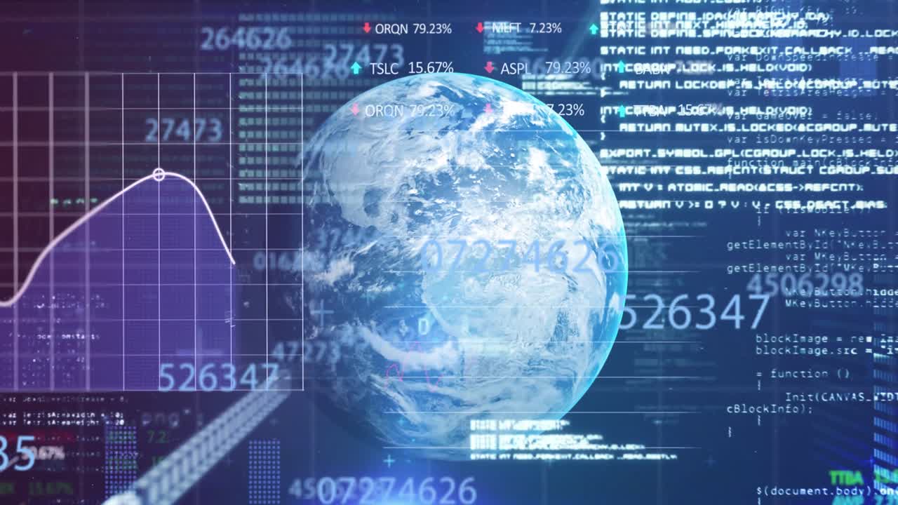 Data processing over spinning globe against blue background
