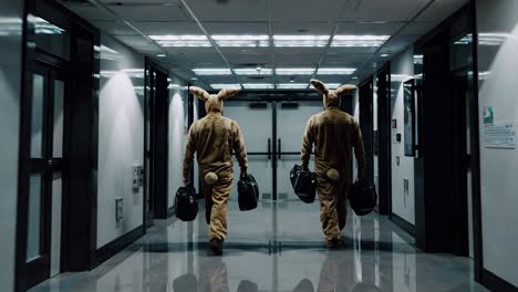 two people in bunny costumes walking down a hallway