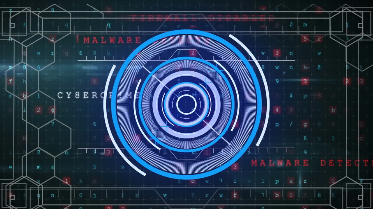 텍스트, 글자, 기호 및 숫자 위에서 추상적인 배경 위에서 원으로 움직이는 선의 애니메이션