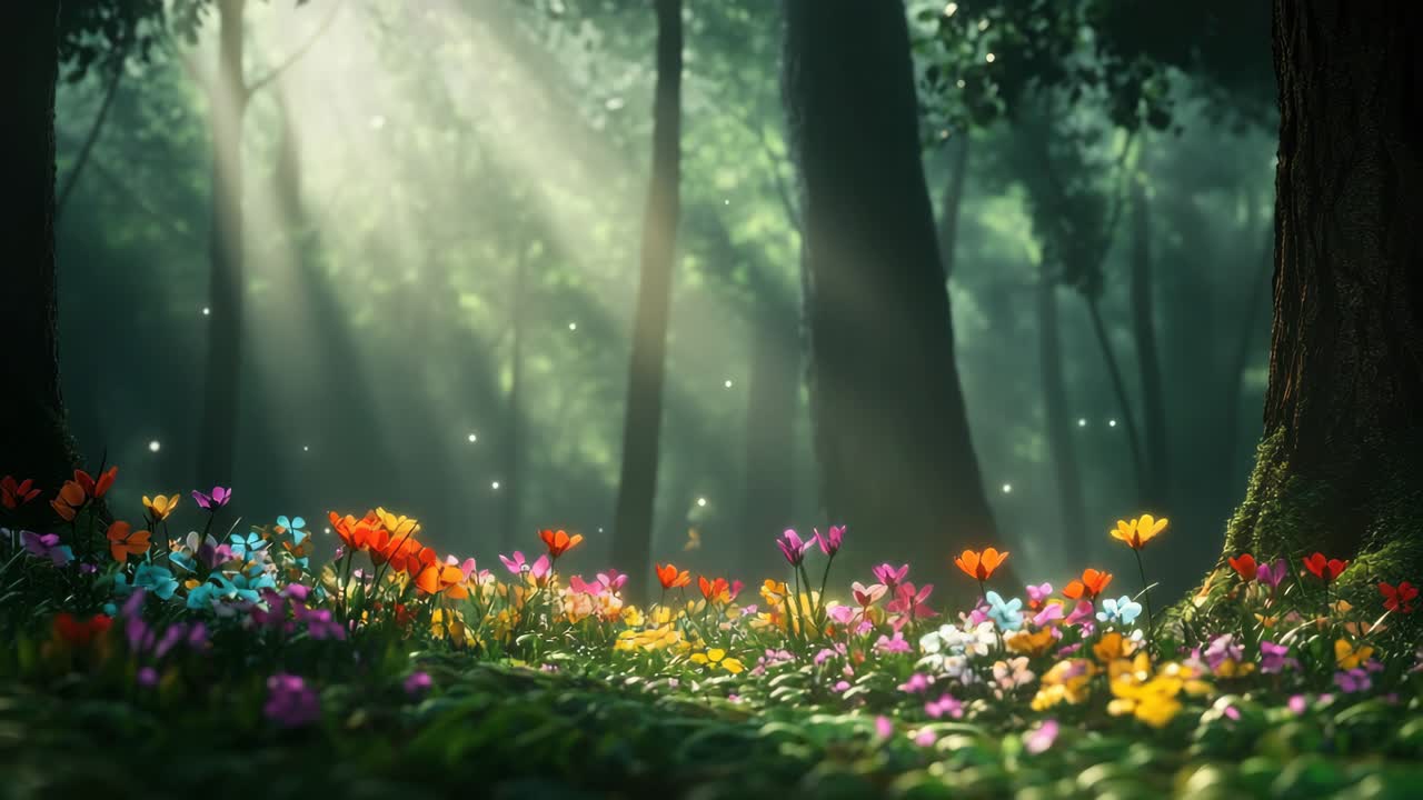 A serene forest scene with colorful flowers in the foreground, captured from a low angle