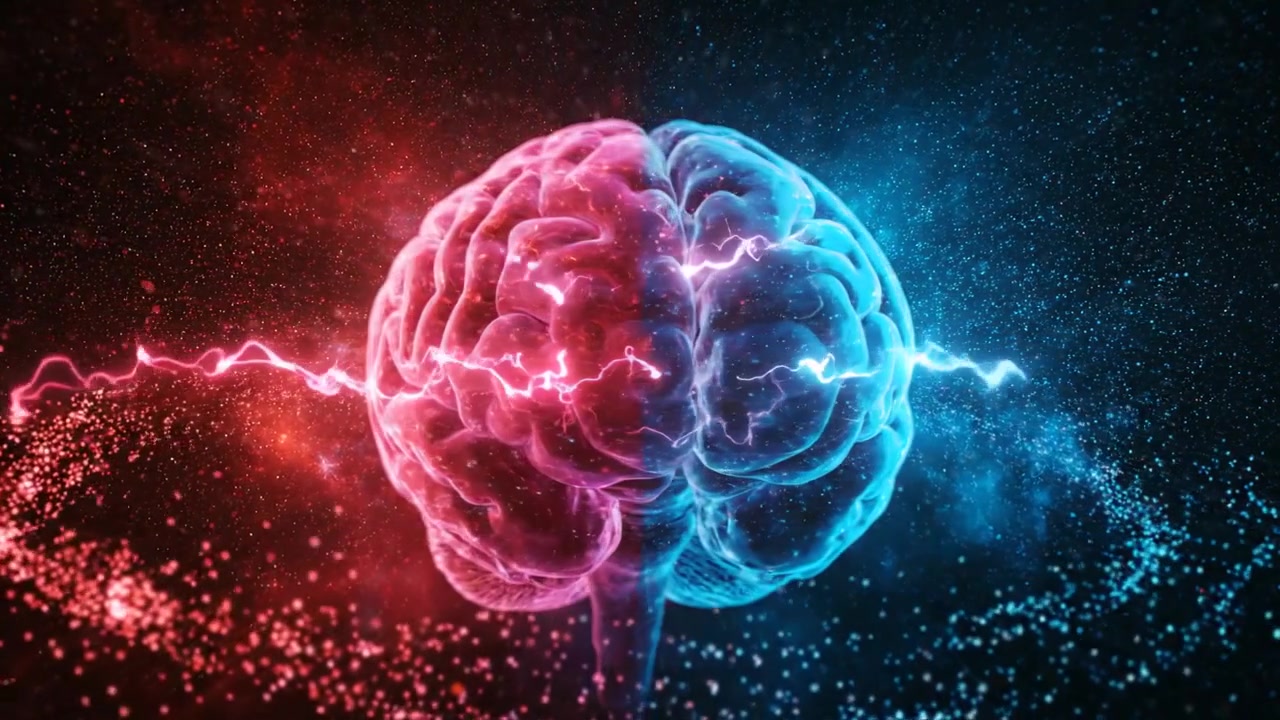 Cervello umano con emisferi rossi e blu contrastanti in animazione medica