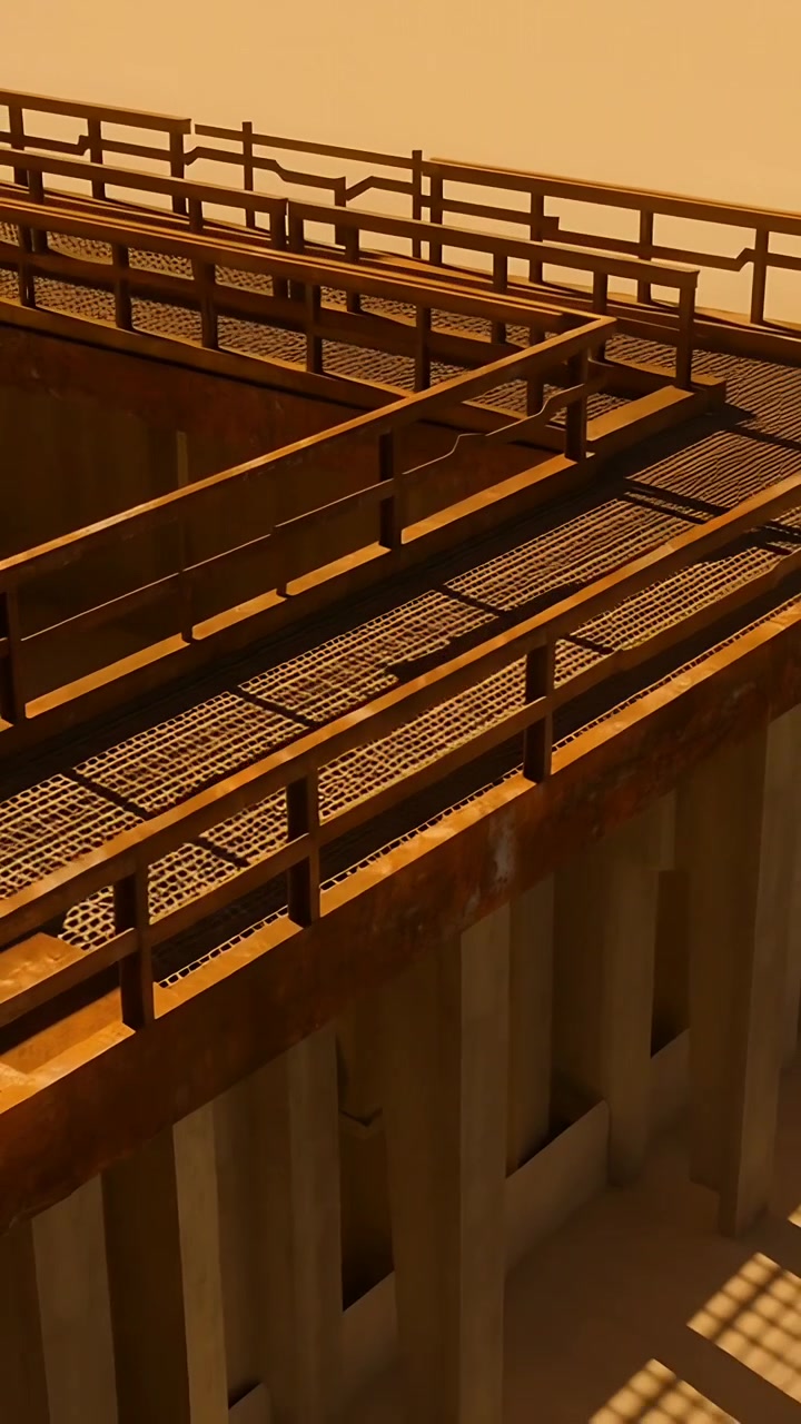 Vertical video: Panning camera showing rusted walkway on deck with rails, hose, bays and grid shade