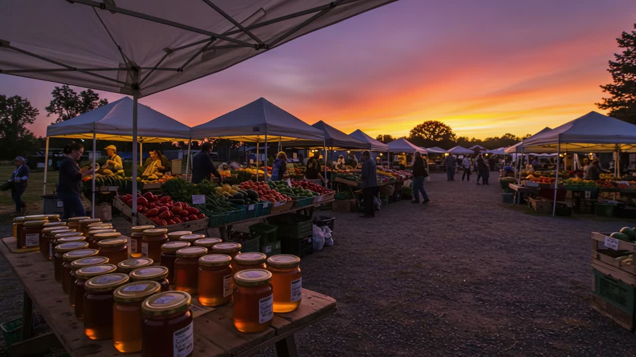 Captivating Sunset at a Vibrant Farmers Market: A Scene Filled with Colorful Produce and Shimmering Jars of Honey Under a Twilight Sky