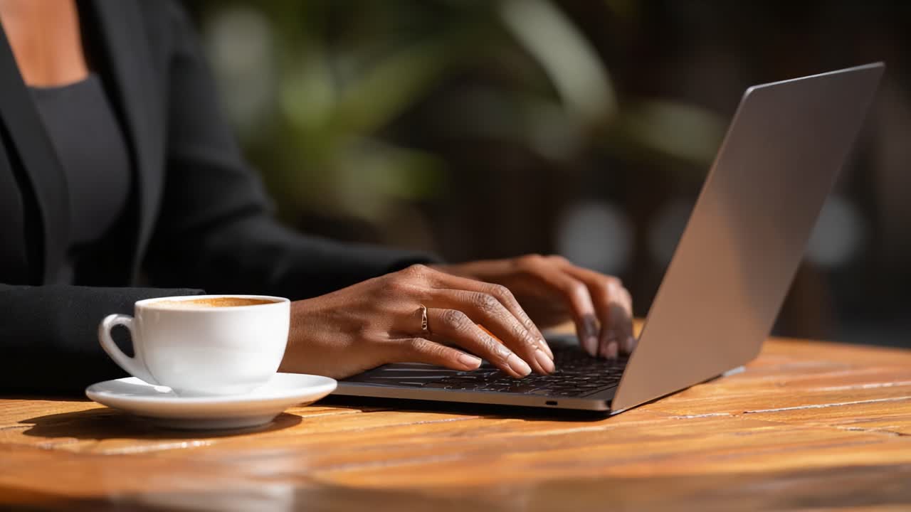 An Individual Engaged in Online Work While Sipping Coffee at a Cozy Workspace, Deep Focus on Laptop, Displaying Productivity and Comfort
