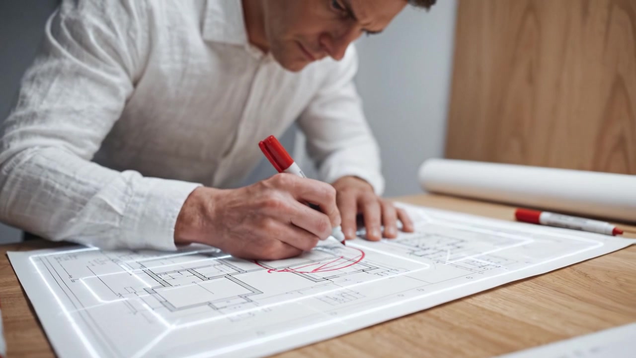 Arquiteto Elaborando Plantas Detalhadas com Precisão e Foco, Usando Marcador Vermelho em Planos de Design Iluminados Espalhados sobre uma Mesa de Trabalho Moderna