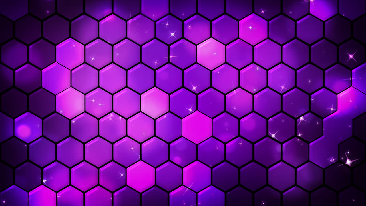 Purple hexagon technology futuristic abstract background with pink colored bright flashes under hexagon. Gaming honeycomb loop animation.