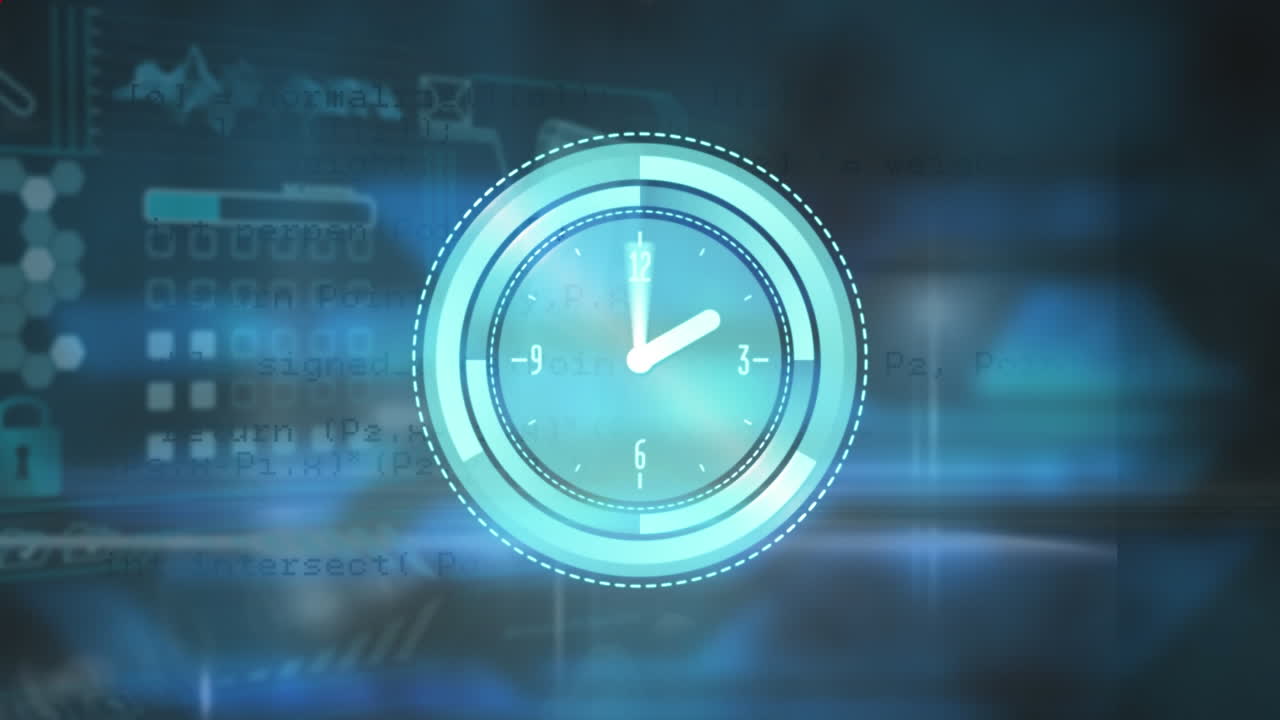 Animation of red abstract shapes over neon ticking clock and data processing against blue background