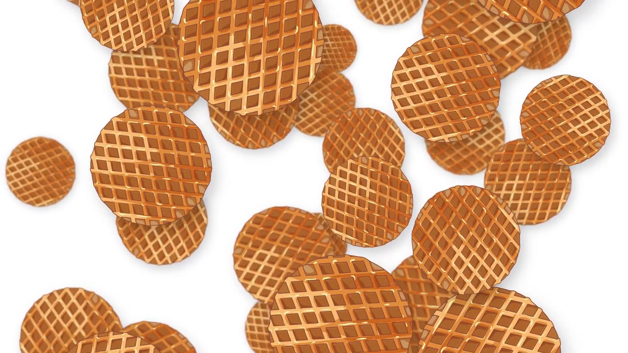 Cialde waffle dorate cadono verticalmente su uno sfondo bianco pulito al rallentatore.