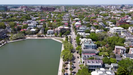 charleston south carolina aerial shot of colonial lake park and street dolly forward shot wide