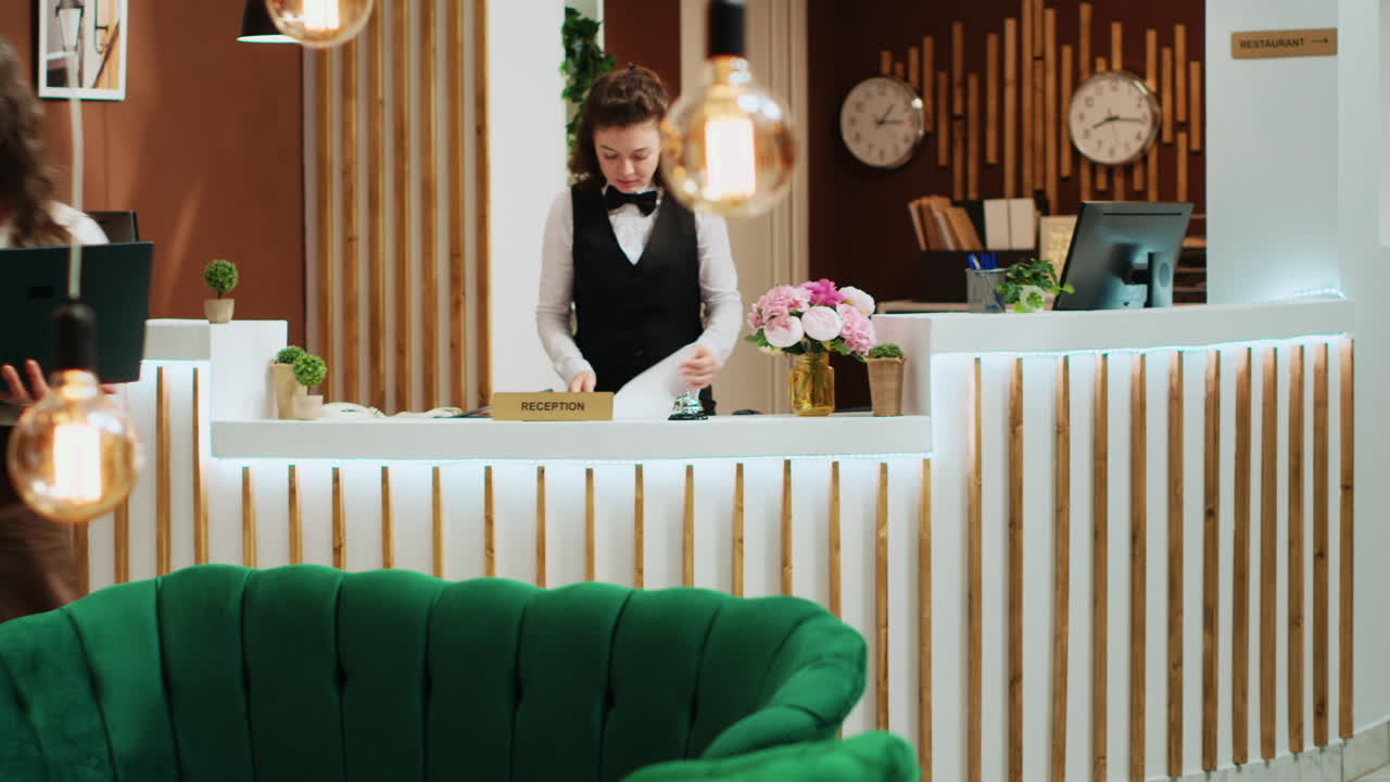 로비에서 노인 여성이 노트북을 사용하고 있습니다.