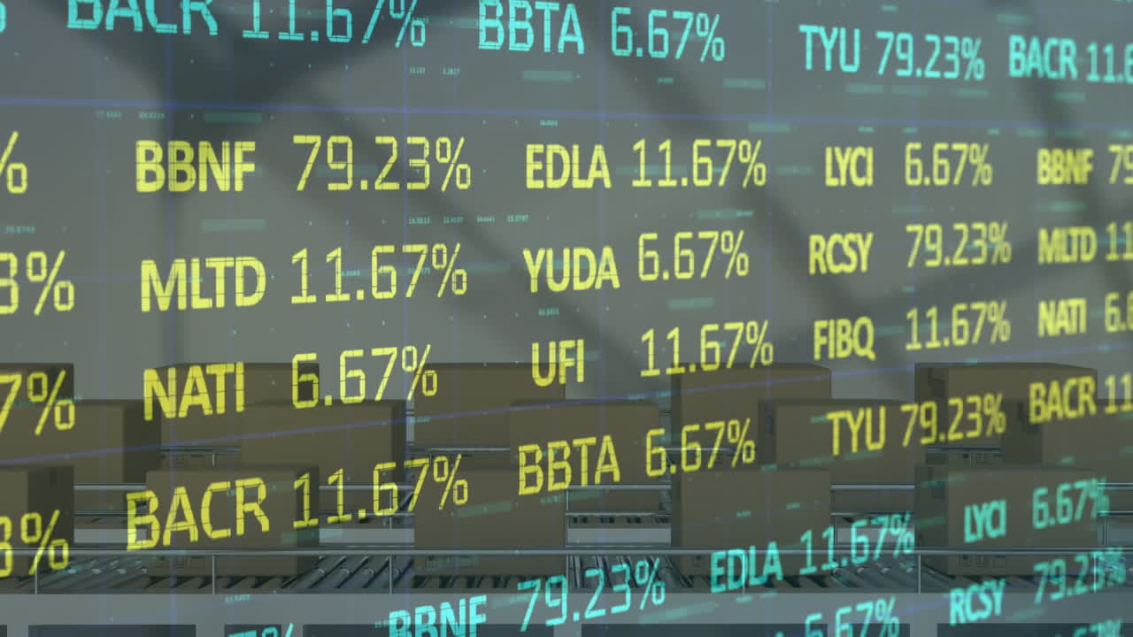 Animation of financial data processing over cardboard boxes on conveyor belts in warehouse