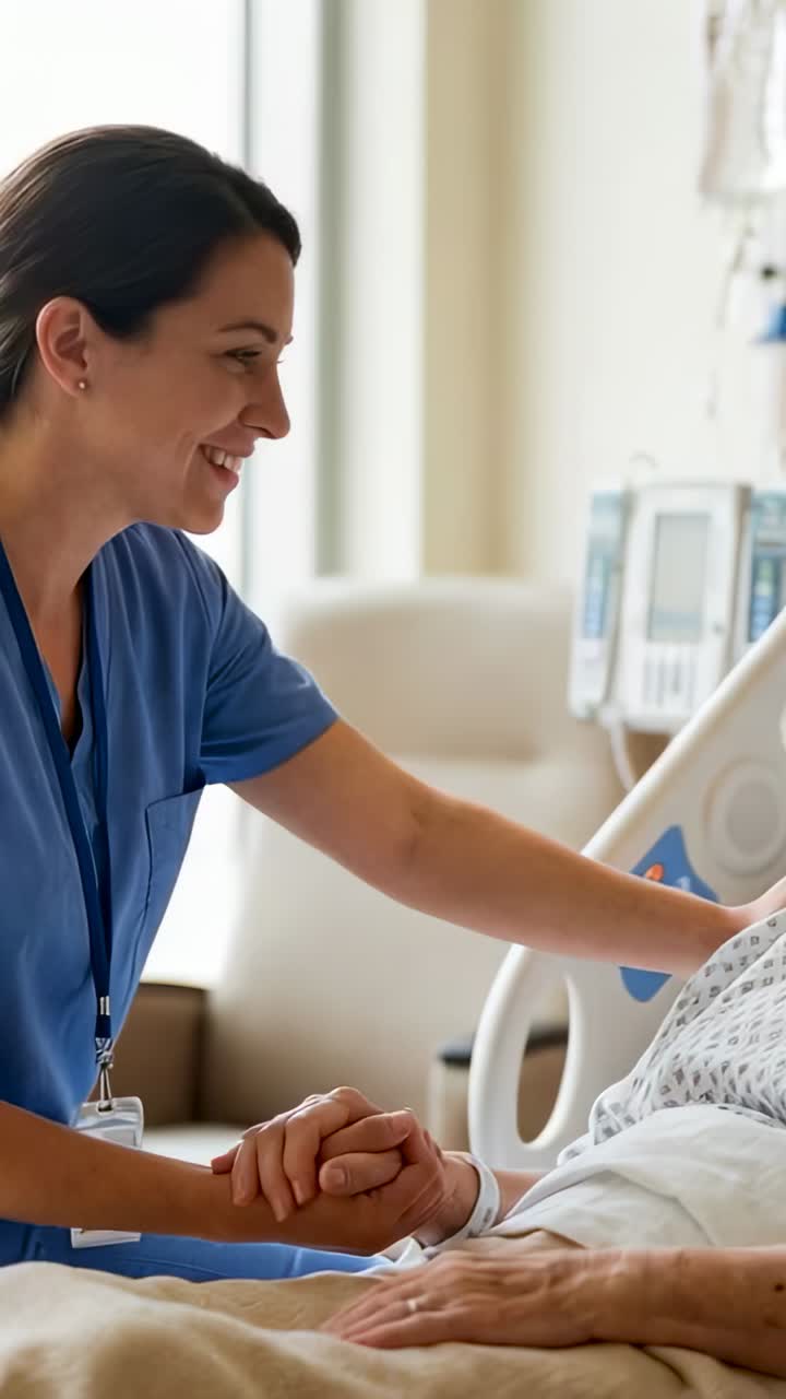 Vertical video: Leaning nurse in blue scrubs holding patient hand at bedside with IV comforting
