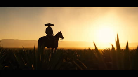 silhouette of a charro on horseback in an agave field at sunset