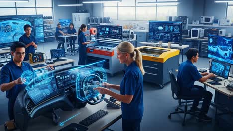 hands-on technology training: students engaged in advanced automotive digital dashboard design and analysis in a modern workshop environment